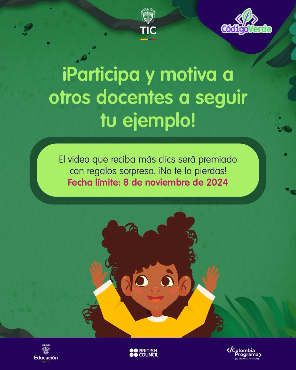 Ministerio_TIC's tweet photo. ¡Docentes de Código Verde! ⏳ Última semana para compartir su experiencia de pensamiento computacional. 🎥 Sube tu video y muestra cómo aplicas la metodología en el aula. Usa #CodigoVerde y #ColombiaPrograma para conectar con otros maestros. ¡Fecha límite: 8 de noviembre! https://t.co/sgIhLsck0Y
