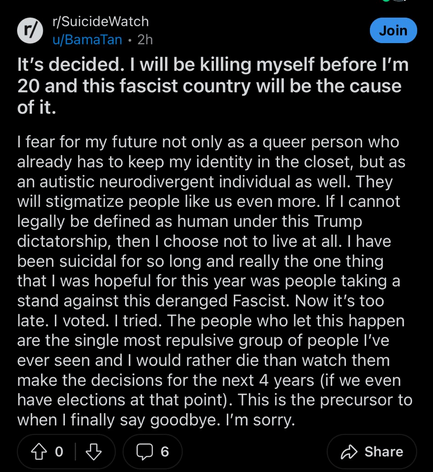 reddit_lies's tweet photo. r/SuicideWatch has been inundated with redditors who are contemplating offing themselves based on lies from the DNC.

Democrats went too far this time. https://t.co/rc450PiUyq