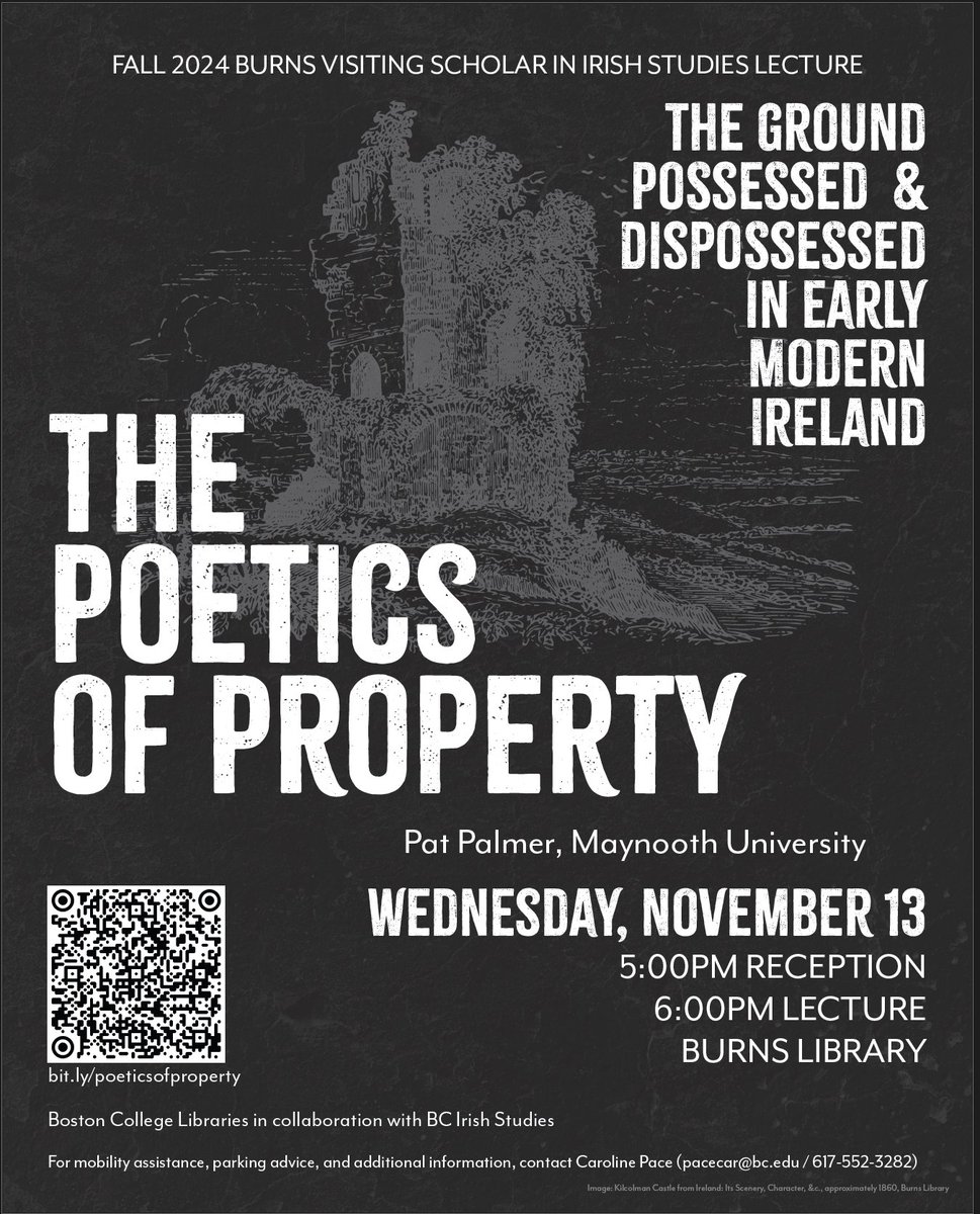 Join us next Wednesday, November 13, to hear Pat Palmer deliver this semester's Visting Burns Scholar lecture titled "The Poetics of Property: The Ground Possessed &amp; Dispossessed in Early Modern Ireland" 

A pre-lecture reception begins at 5 pm &amp; the lecture begins at 6 pm