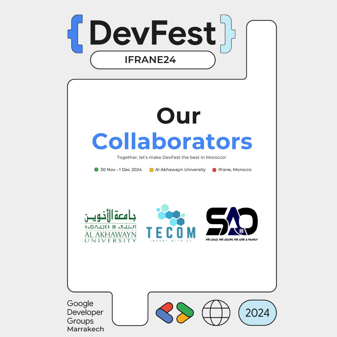 GDG_Marrakech's tweet photo. 🚀 DevFest 24 by GDG Marrakech – Let's Make It Unforgettable! 🚀

In partnership with TECOM and Al Akhawayn University, with support from SAO. 🎉

Get ready for world-class talks, hands-on workshops, and an epic hackathon! We’re bringing together top experts from Morocco. https://t.co/vUkHdhceMU