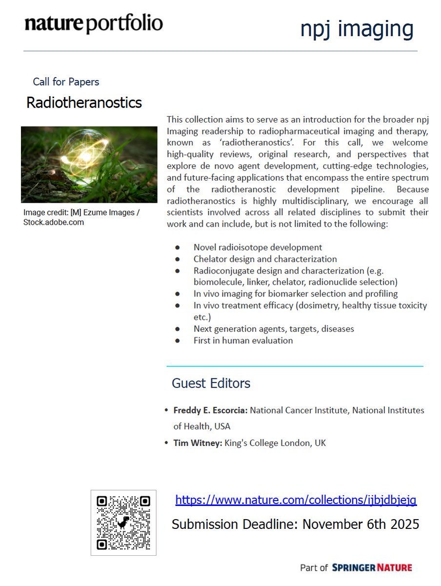 freddyeescorcia's tweet photo. 🚨 Fellow #radiotheranostics nerds 🚨

Prof. @TimWitney @KingsCollegeLon and I are launching a Collection focused on this very topic for @Nature_NPJ Imaging!

Please considering submitting! Site is live!

#radiopharmaceuticals #nucmed #radonc https://t.co/H6yUea5ZMc