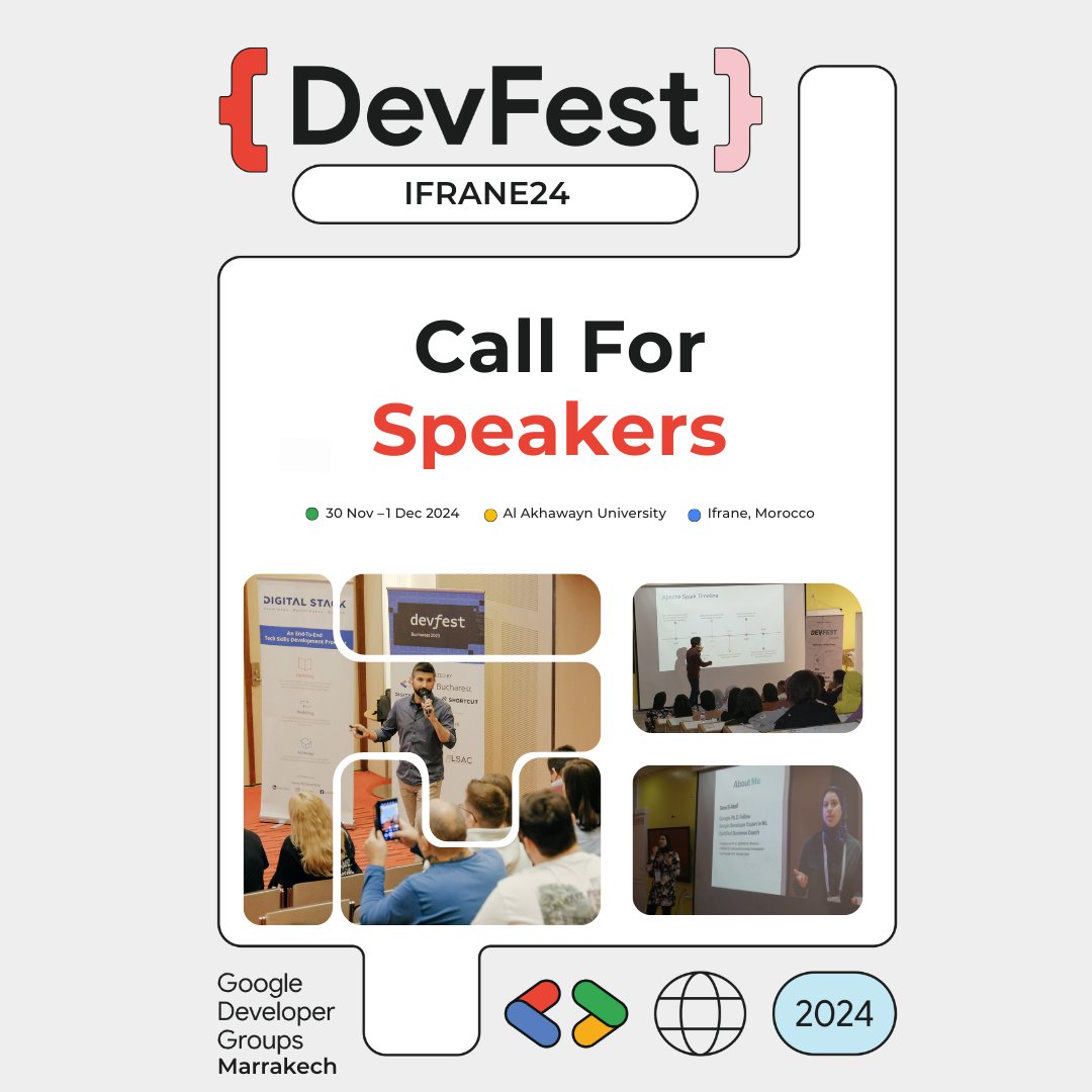 GDG_Marrakech's tweet photo. Devfest ifran24
Call for speakers

https://t.co/9qebJMaBe4 https://t.co/NJqvsqeZEQ