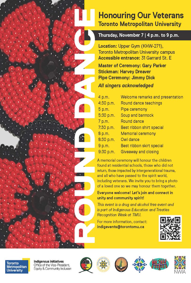 Native Women in the Arts (@infonwia) on Twitter photo Join us at the Honouring Our Veterans Round Dance at <a href="/TorontoMet/">Toronto Metropolitan University</a> as part of the Indigenous Education and Treaties Recognition Week.
Thursday, November 7, 2024, from 4PM - 9PM, Upper Gym KHW-271, 31 Gerrard St. E. Toronto.
All singers acknowledged! Join us at the Honouring Our Veterans Round Dance at <a href="/TorontoMet/">Toronto Metropolitan University</a> as part of the Indigenous Education and Treaties Recognition Week.
Thursday, November 7, 2024, from 4PM - 9PM, Upper Gym KHW-271, 31 Gerrard St. E. Toronto.
All singers acknowledged!