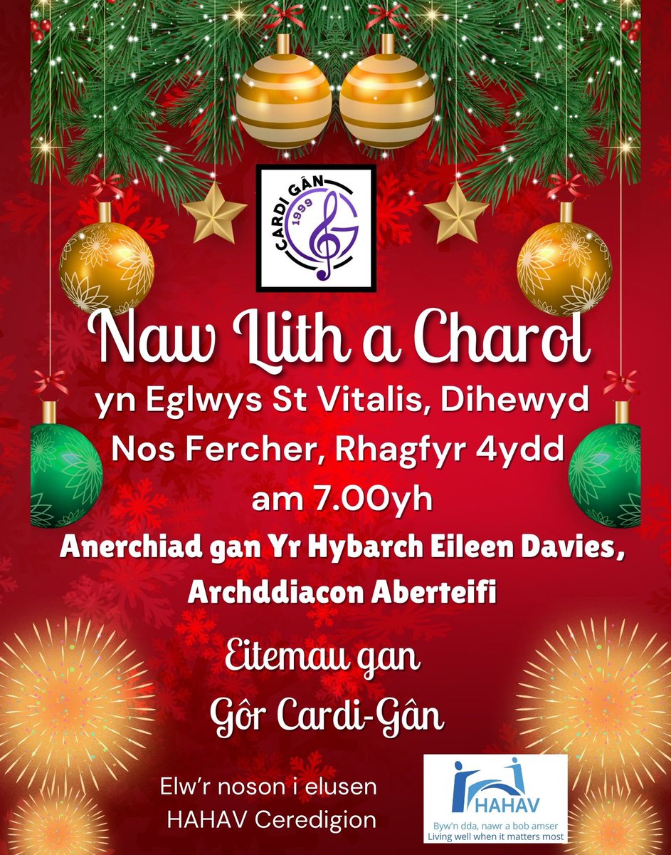 Eitemau gan <a href="/CorCardiGan/">Côr Cardi-Gân</a> 
Anerchiad gan Yr Hybarch Eileen Davies
Dewch i gefnogi’r digwyddiad 
<a href="/_HAHAV_/">HAHAV Hospice at Home Ceredigion</a>  #yagym