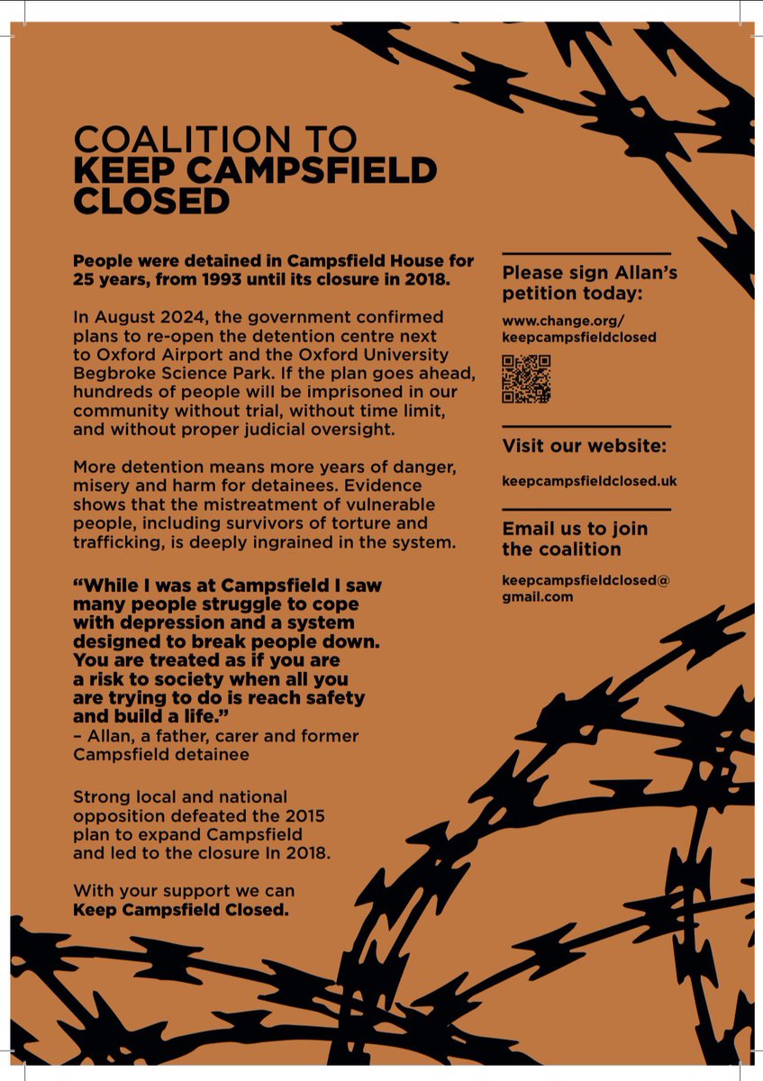 Join this demo! Join the Keep Campsfield Closed Coalition! 
keepcampsfieldclosed.uk