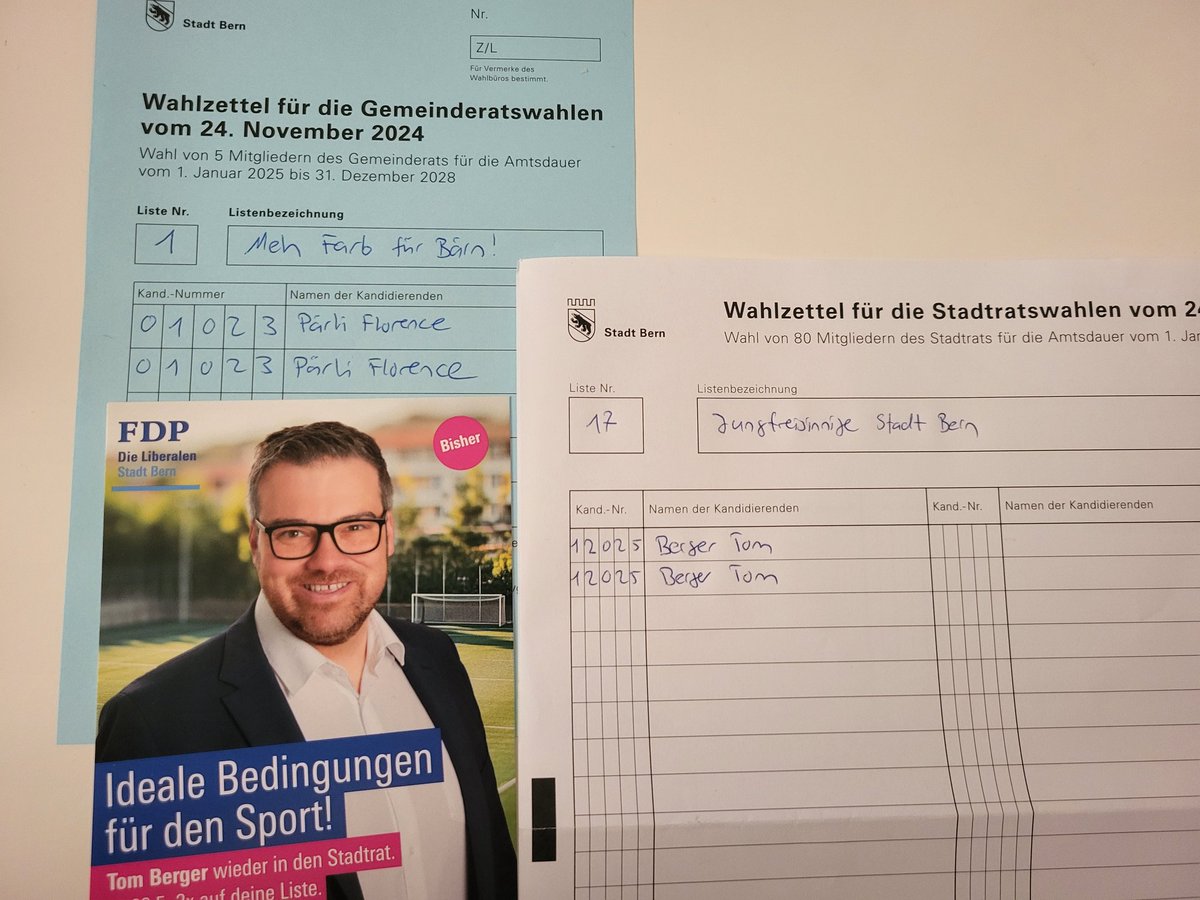 Tom Berger (@tomcberger) on Twitter photo Die Stadt Bern wählt. Ich empfehle für den Gemeinderat Liste 1 - Meh Farb für Bärn und 2x <a href="/florencepaerli/">Florence Pärli</a>. Beim Stadtrat Liste 17 <a href="/jfstadtbern/">JF Stadt Bern</a> und 2 Stimmen an mich. #WahlBern24 #govote Die Stadt Bern wählt. Ich empfehle für den Gemeinderat Liste 1 - Meh Farb für Bärn und 2x <a href="/florencepaerli/">Florence Pärli</a>. Beim Stadtrat Liste 17 <a href="/jfstadtbern/">JF Stadt Bern</a> und 2 Stimmen an mich. #WahlBern24 #govote