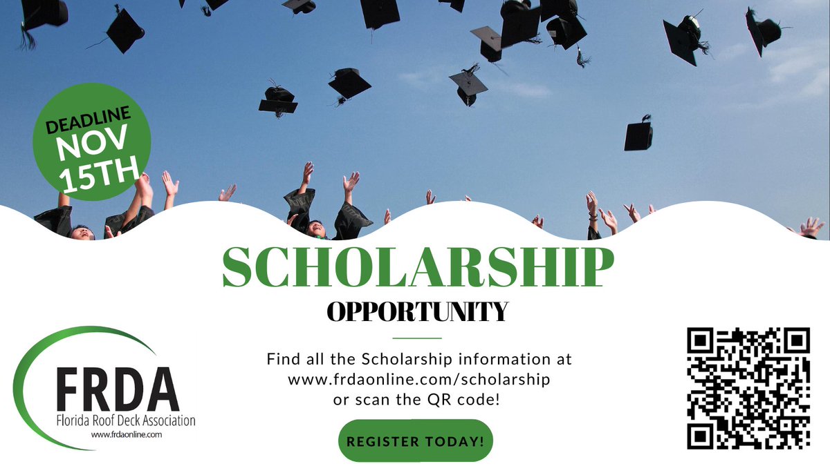 FRDAonline's tweet photo. 🚨 Attention Florida students! 🚨 The deadline for the Florida Roof Deck Association Scholarship is in just 9 days—apply by November 15th! Don’t miss your chance to earn a scholarship! 🏆 Head to https://t.co/AWswBt6hBH or scan the QR code for all the details and to apply now. https://t.co/XAM9wjflAN