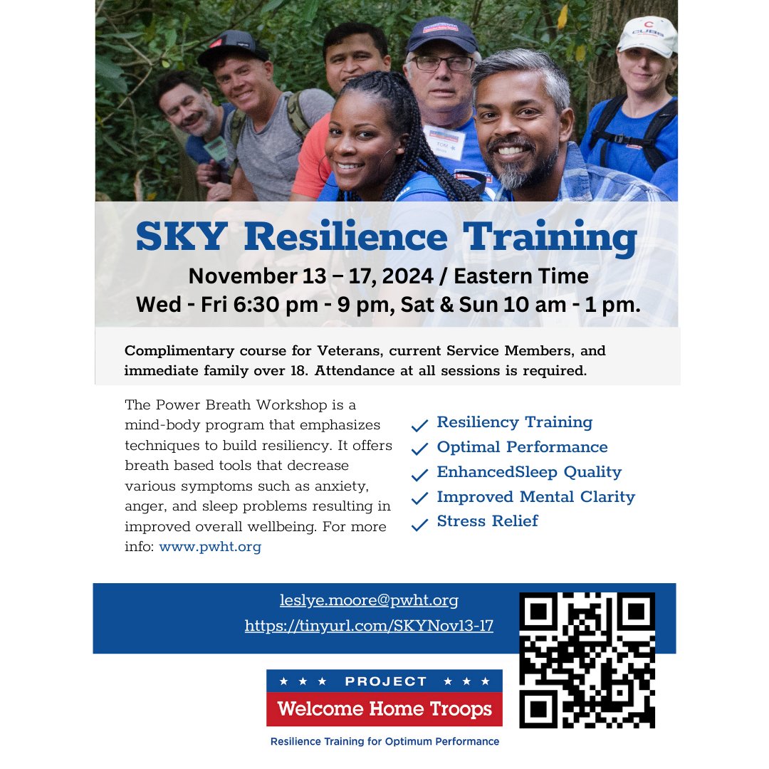 Are you a Veteran, Active Military, or a family member seeking to increase your resiliency? Join us 13-17 November 2024! tinyurl.com/SKYNov13-17 

#SKY #Veteran #Family #Peace #Resiliency #Breathe