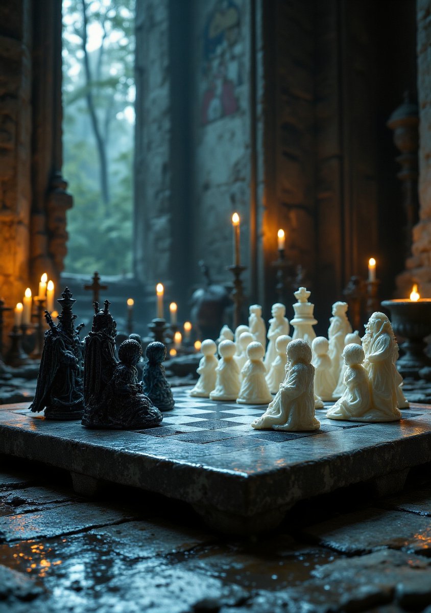 PromptSin's tweet image. Checkmate in a mystical realm! 🕯️✨ #AIart #ChessMagic