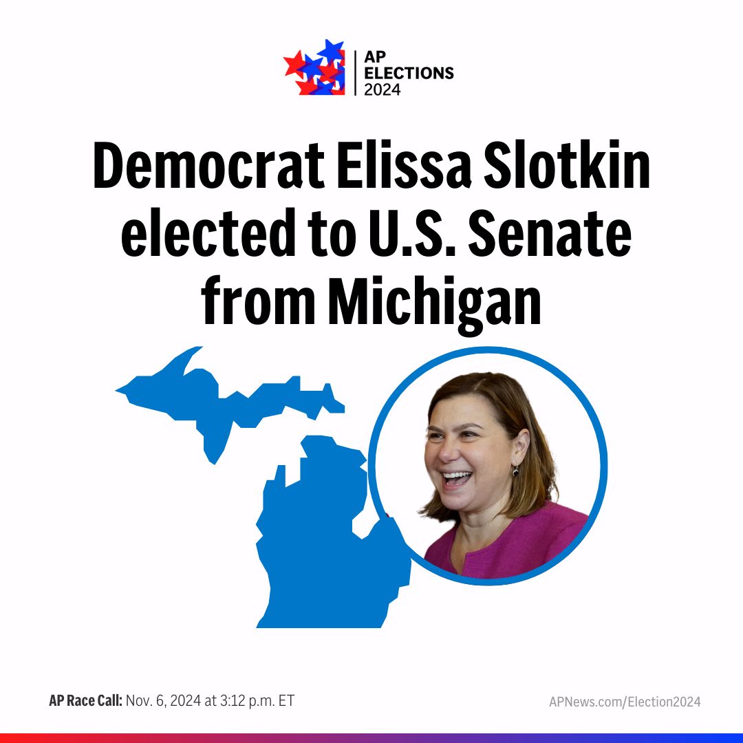 AP's tweet image. AP Race Call: Democrat Elissa Slotkin defeats Republican Mike Rogers in Michigan Senate race. bit.ly/3UyS0Z6
