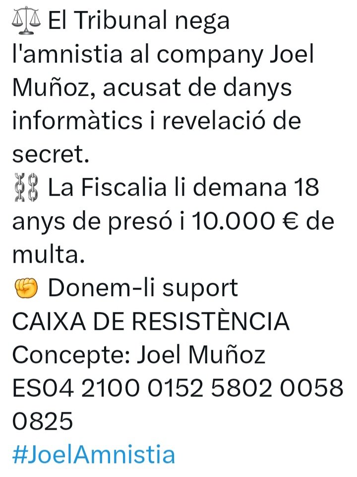Si us plau més q mai cal ajudar al nostre Joel 

Defensors d l'U i hi érem i ara també hi hem d ser 

Joel, <a href="/ItsN0tX3lj/">X3lj 🍀 🏴Ⓐ</a> estem amb tu però jo vull q volis pq un ocell no pot estar entre barrots 
Cuida't i gràcies sempre x tot el q vas fer x a tots