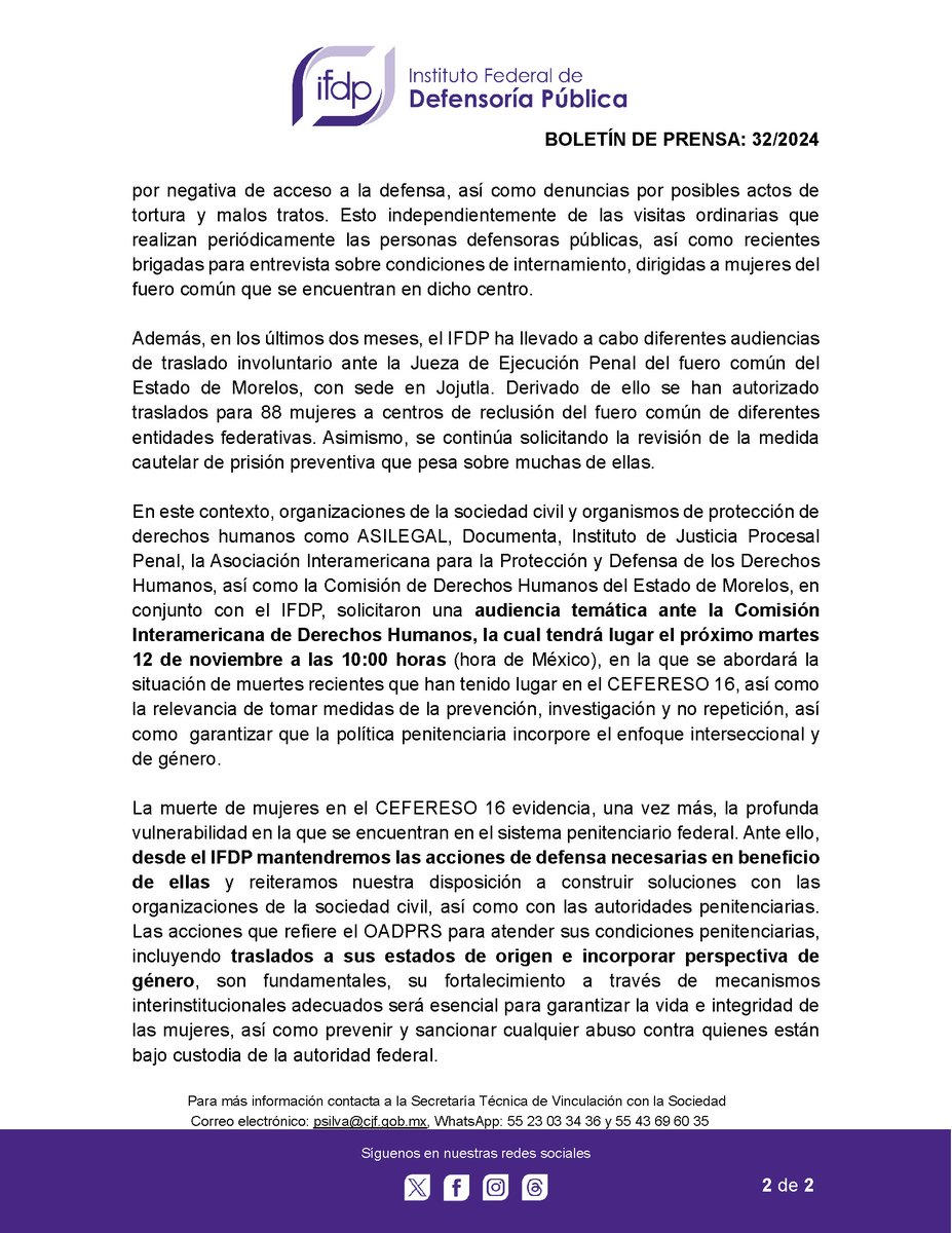 defensoriaifdp's tweet photo. 📢 #BoletínDePrensa 32/2024
El IFDP da seguimiento a las condiciones de internamiento en el CEFERESO 16 tras la muerte de dos mujeres más
#IFDPContigo #SomosPJF https://t.co/zDEvZmh1Wb