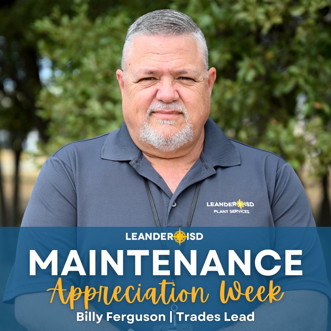Leander ISD (@leanderisd) on Twitter photo Billy Ferguson is a new #1LISD trade lead! He's a proud <a href="/LeanderHS/">Leander High School</a> grad & has worked at the district since 2005.
LISD thanks Billy for his years of support to our students & staff! 👏
#MaintenanceAppreciationWeek Billy Ferguson is a new #1LISD trade lead! He's a proud <a href="/LeanderHS/">Leander High School</a> grad & has worked at the district since 2005.
LISD thanks Billy for his years of support to our students & staff! 👏
#MaintenanceAppreciationWeek