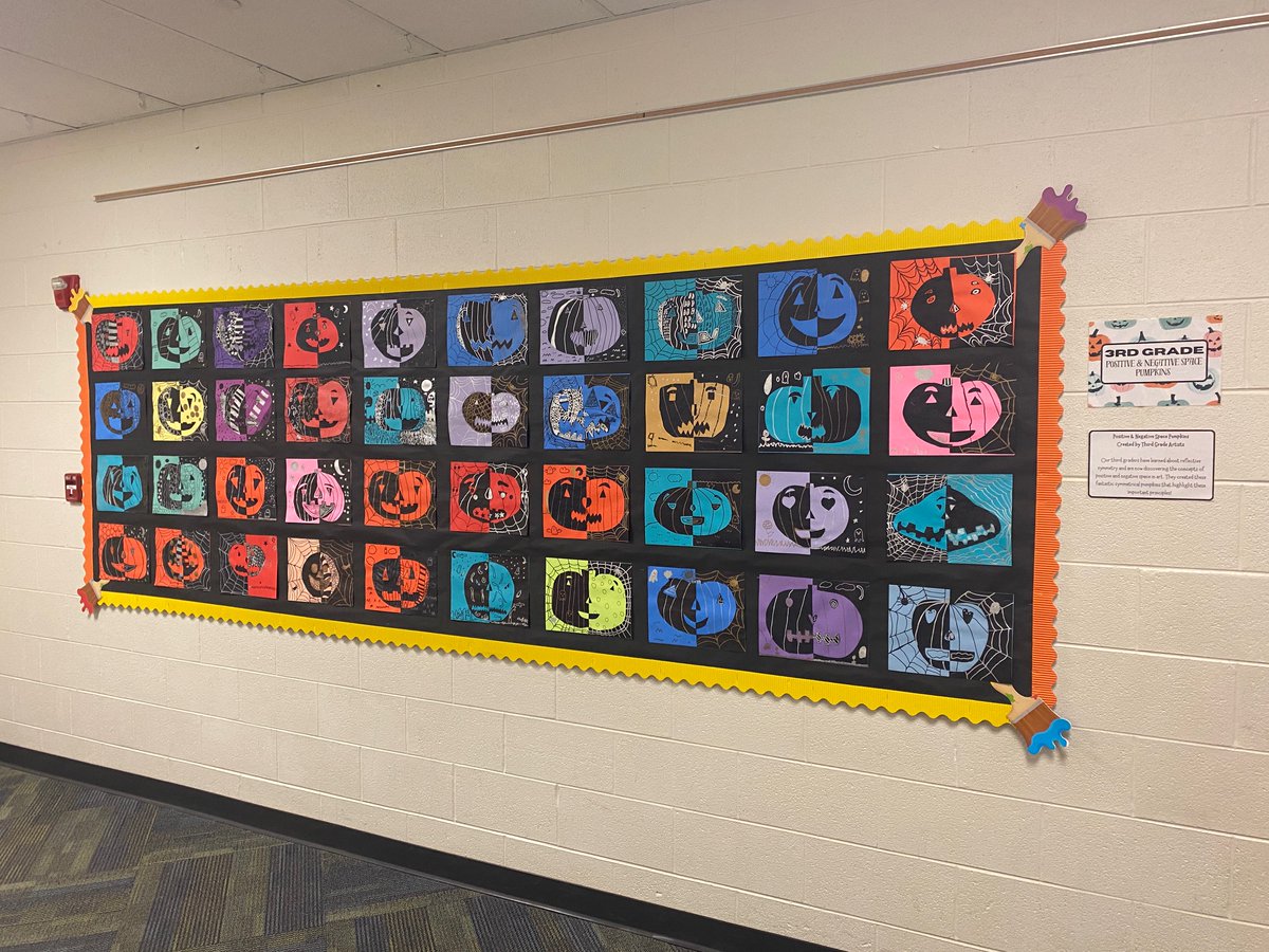 MrsReesbeckArt's tweet photo. Check out the amazing positive and negative space pumpkins our 3rd graders created! 🎃 Hope everyone had a fantastic Halloween and fall break! #ArtClass #PositiveNegativeSpace #FallArt #CreativeKids #NoviPride #DFCares https://t.co/PkFofVPMBT