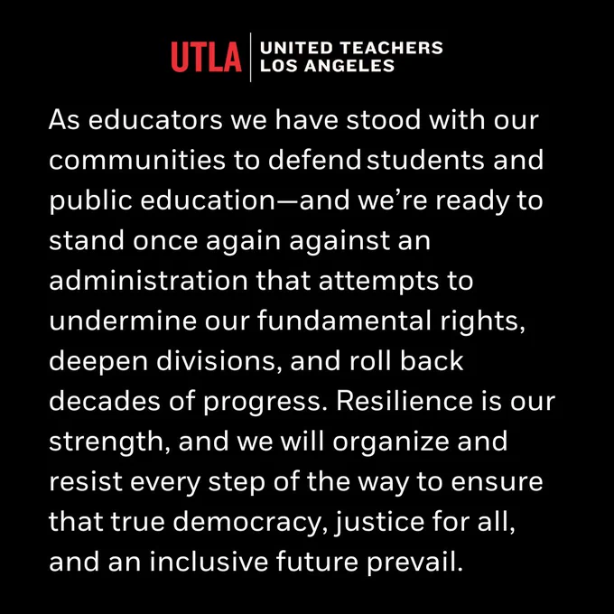 As educators we have stood with our communities to defend students and public education—and we’re ready to stand once again against an administration that attempts to undermine our fundamental rights, deepen divisions, and roll back decades of progress. Resilience is our strength, and we will organize and resist every step of the way to ensure that true democracy, justice for all, and an inclusive future prevail.