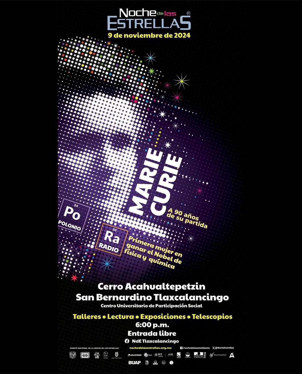 NdE_CUPS's tweet photo. Les esperamos este 9 de noviembre en el Cerro Acahualtepetzin de San Bernardino Tlaxcalancingo, donde tendremos talleres, pláticas y observación con telescopios a partir de las 6:00 pm

#NdE2024 #MarieCurie #Galileo #Andrómeda #Hubble #ParisPismis https://t.co/DqgkIT0nJB