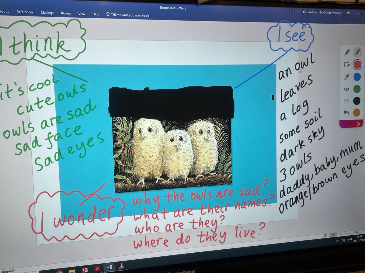 StCharlesGla's tweet image. Primary 1b are working on an Owl Babies #BookStudy.  The children used the #ThinkingRoutine “I see, I think, I wonder” whilst looking at the front cover. They then used the reading skill #Prediction to predict what they thought the story would be about. #GlasgowsPedagogy…