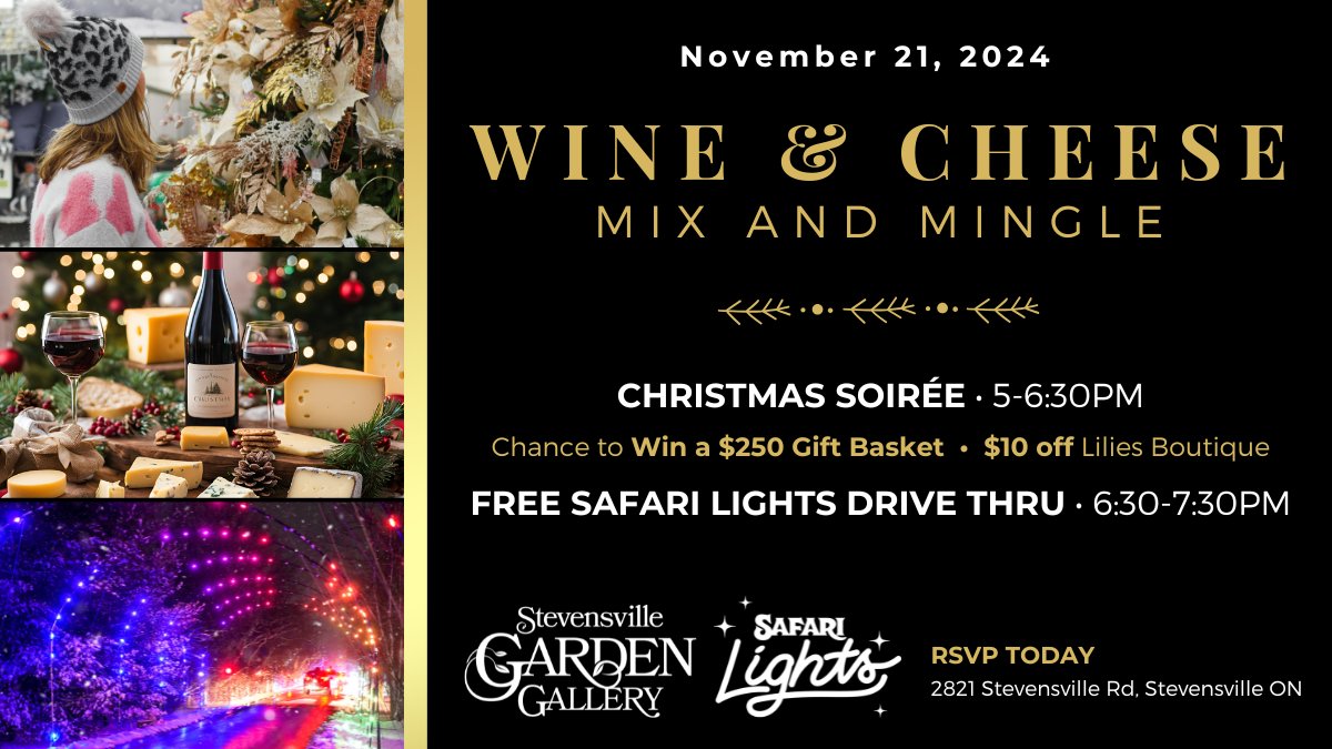 NEXTNiagara (@nextniagara) on Twitter photo Join us for an evening of wine & cheese at Stevensville <a href="/GardenGallerySV/">Stevensville GG</a>’s winter wonderland, with festive decor, unique gifts, & holiday cheer! 🎄 Then, enjoy <a href="/SafariNiagara/">Safari Niagara</a>'s drive-thru Holiday lights display. Discover Niagara’s largest Christmas store! 🌟 #NiagaraEvents Join us for an evening of wine & cheese at Stevensville <a href="/GardenGallerySV/">Stevensville GG</a>’s winter wonderland, with festive decor, unique gifts, & holiday cheer! 🎄 Then, enjoy <a href="/SafariNiagara/">Safari Niagara</a>'s drive-thru Holiday lights display. Discover Niagara’s largest Christmas store! 🌟 #NiagaraEvents