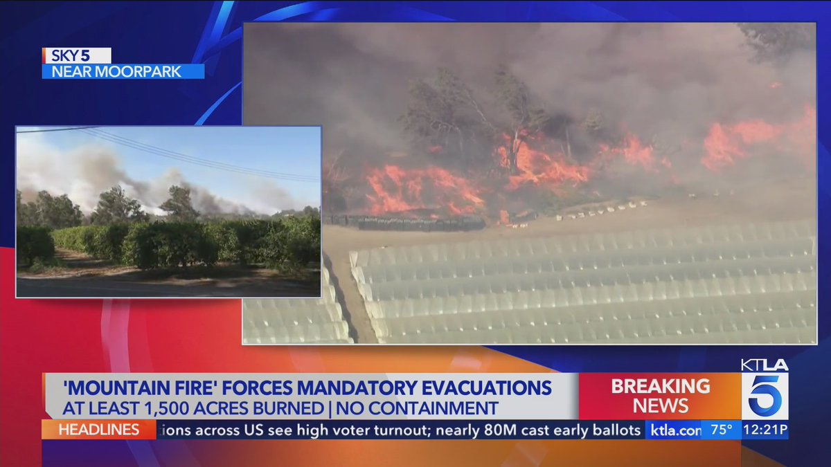 KTLA's tweet photo. #DEVELOPING: The #MountainFire in Ventura County has exploded to more than 1,500 acres. Watch live KTLA 5 News team coverage: https://t.co/VJDTdwxIDB https://t.co/0rxU1bMxoB