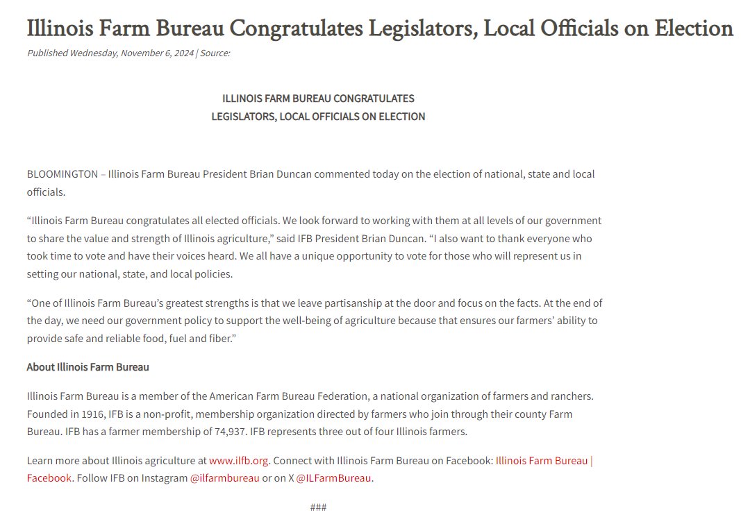 .<a href="/ILFarmBureau/">Illinois Farm Bureau</a> congratulates all elected officials. We look forward to working with them at all levels of our government to share the value &amp; strength of Illinois agriculture.

My full statement on the 2024 General Election is below &amp; available here: ilfb.org/media/illinois…
