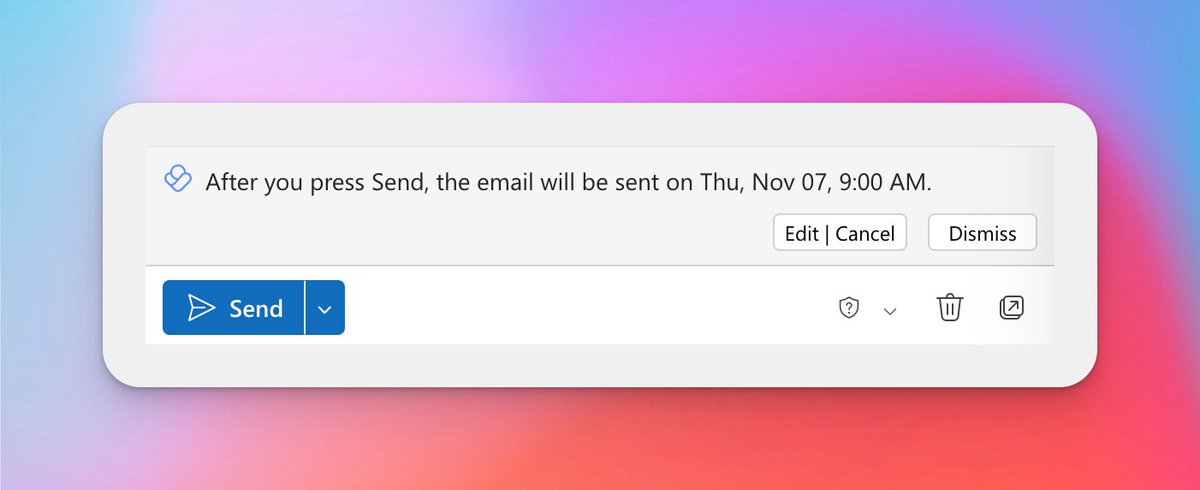 חווית משתמש בעייתית ב-outlook.
מה הבעיה לשנות את הטקסט של הכפתור מ-Send ל-Schedule כדי שאני אהיה יותר בטוח שהמייל הזה לא יישלח עכשיו