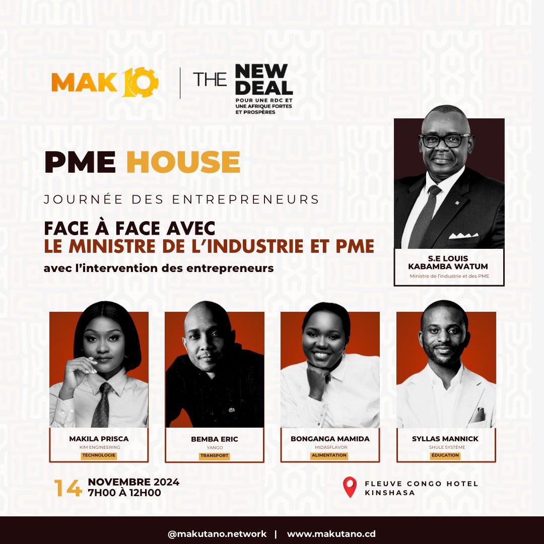 #PMEHouse Face à face avec le Ministre de L’Industrie et PME lors de la journée des entrepreneurs ce 14 nov à partir de 7h au Fleuve Congo hôtel 🇨🇩 

🔗 forms.gle/G1BiHEFaxiL3p7…

#NewDeal #MAKUTANO10