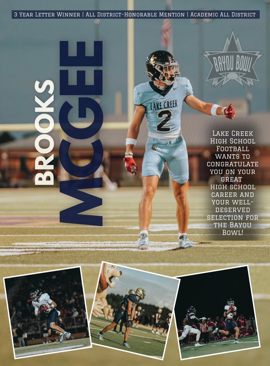 Congrats to BROOKS MCGEE from <a href="/LakeCreekFBall/">Lake Creek Lions Football</a> on being selected to represent #Houston and the <a href="/ghfcahouston/">GHFCA Houston</a> in this year’s <a href="/BayouBowlGHFCA/">Bayou Bowl</a> game Jan. 4th at #BarbersHill Stadium! <a href="/Team_Funded/">TeamFunded</a> <a href="/TheSignChamp/">Sign Champ</a> <a href="/BSN_Football/">BSN SPORTS Football</a>