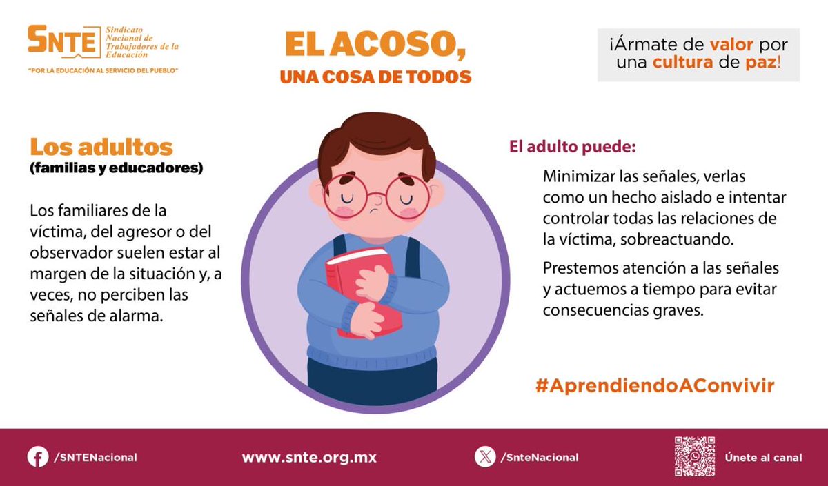 ¡Á𝕣𝕞𝕒𝕥𝕖 𝕕𝕖 𝕧𝕒𝕝𝕠𝕣 𝕡𝕠𝕣 𝕦𝕟𝕒 𝕔𝕦𝕝𝕥𝕦𝕣𝕒 𝕕𝕖 𝕡𝕒𝕫!

🚨Ante las señales de alerta, los adultos deben actuar a tiempo y nunca mantenerse al margen de las agresiones a menores en la escuela o la calle.🏫🌆
👉 acortar.link/V9Mxmm
#AprendiendoAConvivir