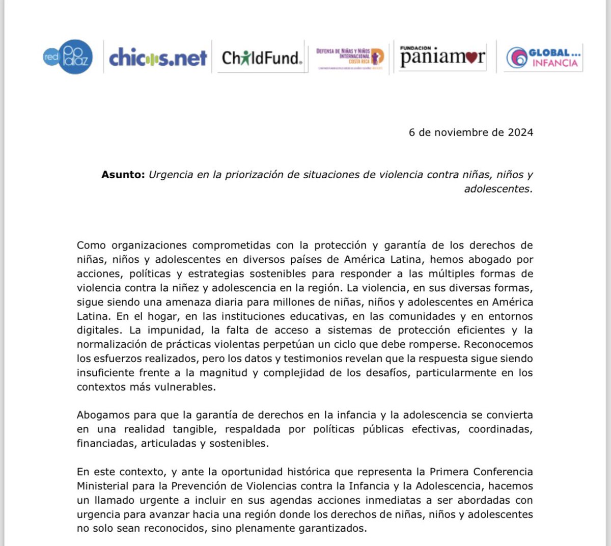 RedPaPaz's tweet photo. De la mano de @Paniamor @chicos_net @ChildFund @dnicostarica, @dnicostarica y  @globalinfancia hacemos un llamado a que durante la #ConferenciaMinisterial se prioricen acciones para erradicar todo tipo de violencias contra niñas, niños y adolescentes en América Latina.
Lea la carta aquí 👉 https://t.co/R01mf4OiBE
#ProtecciónInfantil #ResponsabilidadGlobal #ConferenciaEVAC