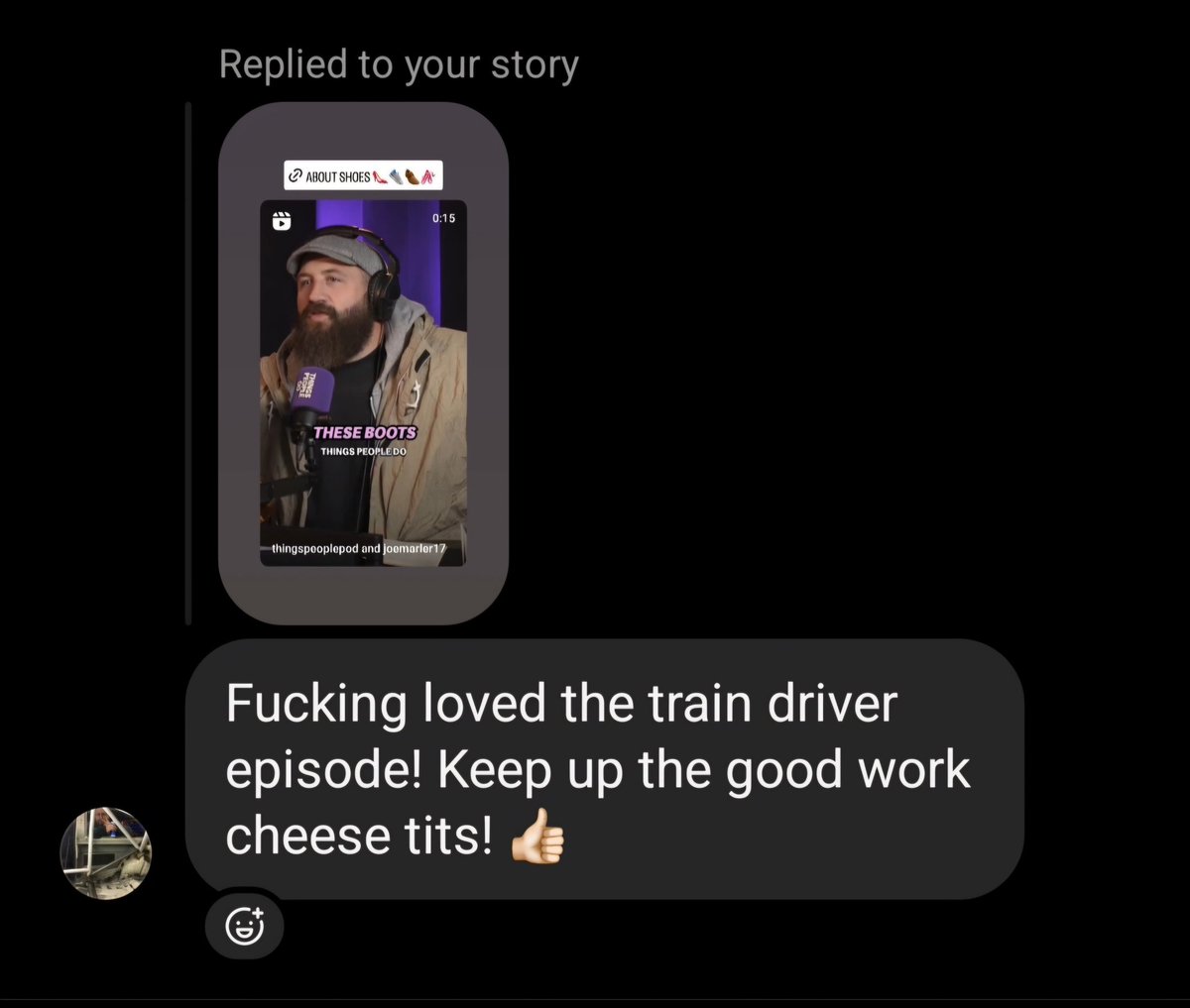 Name another podcast where this is a normal DM 😂

🎧podfollow.com/thingspeopledo