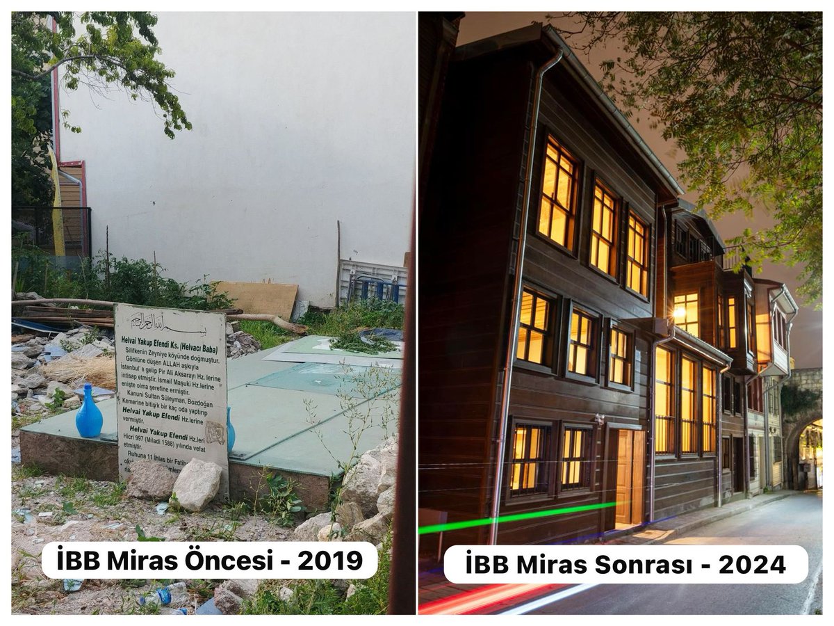 mhrpolat's tweet photo. En sevdiğim Öncesi - Sonrası fotoğrafı oldu. 2019’dan 2024’e 

Helva-i Yakup Baba Tekkesi restorasyonumuz az önce bitti. Işıklarını açtık. Göreve başladığımızda İstanbul’un çok önemli bir tarihi değeri tamamen yok olmuştu, yeniden inşa ettik İstanbul’a geri döndürdük. 

Akşam vakti eve yeni ulaştık, bir çay içeyim, dostlara gönül dolusu selam göndereyim ❤️✨ #İBBMiras #HelvaiYakupBaba