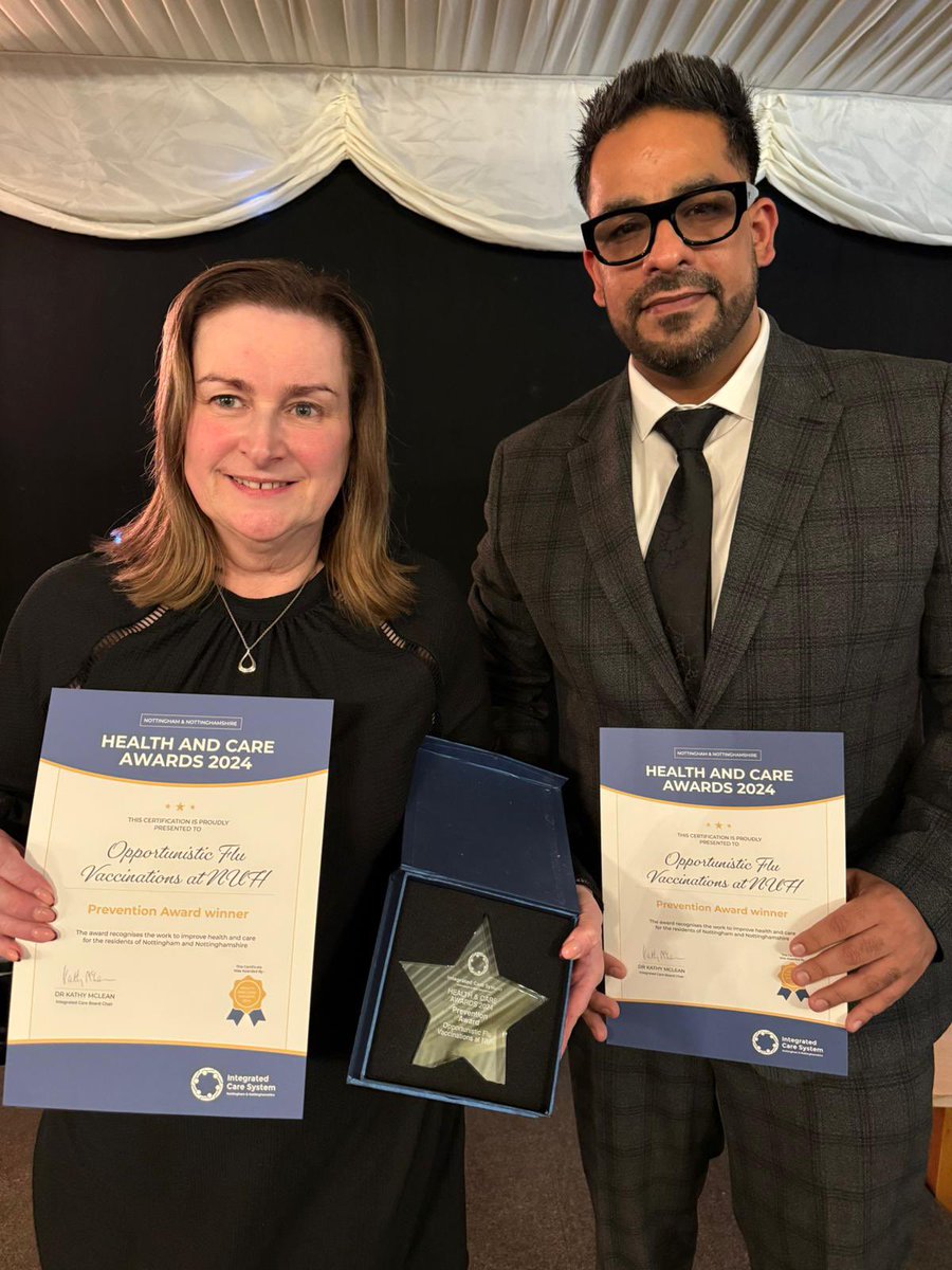 The NUH Vaccination Service and Digital Teams, and colleague’s in the community have won the Prevention Award at tonight’s Health and Care Awards for the Opportunistic Flu Vaccinations at NUH service 🙌🥂