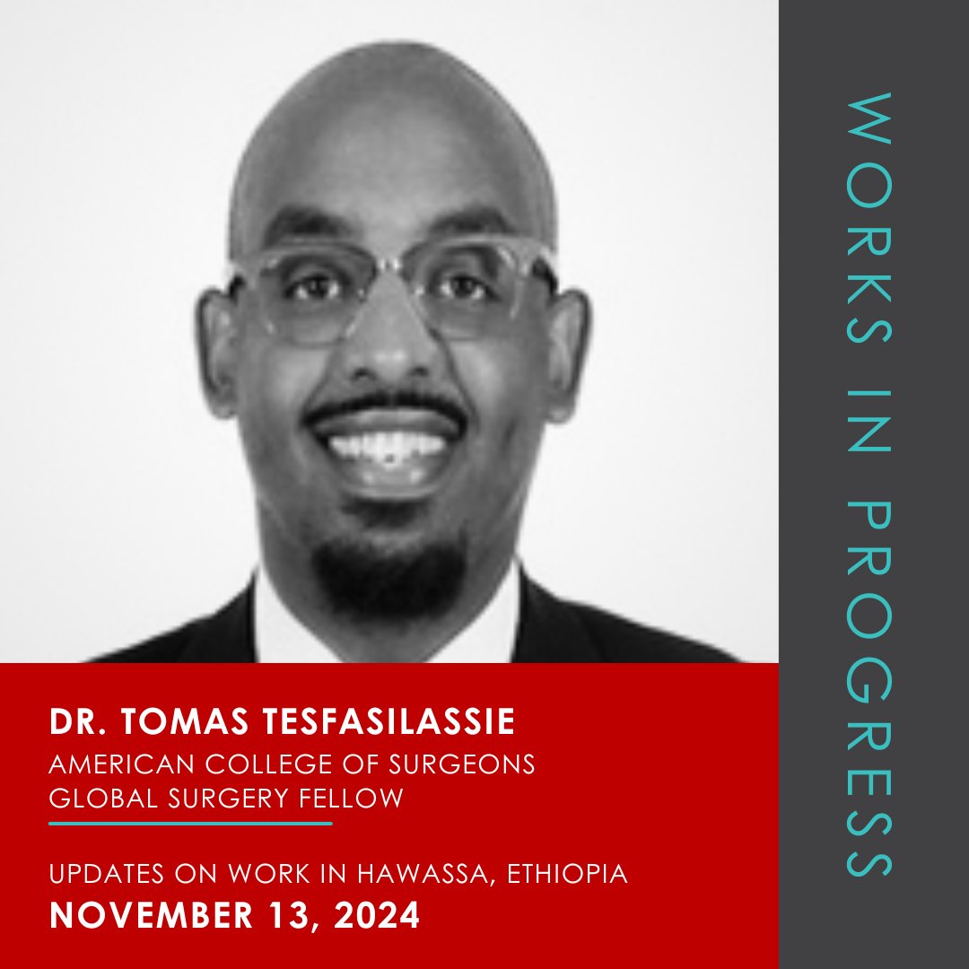 Center for Global Surgery (@uucgs) on Twitter photo CENTER FOR GLOBAL SURGERY ā WORKS IN PROGRESS
Join us on Wednesday, November 13, at noon (MST) (via Zoom) for updates on our collaborative projects in Hawassa, Ethiopia by our current fellow Tomas Tesfasilassie. Contact GlobalSurgery@hsc.utah.edu for more information. CENTER FOR GLOBAL SURGERY ā WORKS IN PROGRESS
Join us on Wednesday, November 13, at noon (MST) (via Zoom) for updates on our collaborative projects in Hawassa, Ethiopia by our current fellow Tomas Tesfasilassie. Contact GlobalSurgery@hsc.utah.edu for more information.