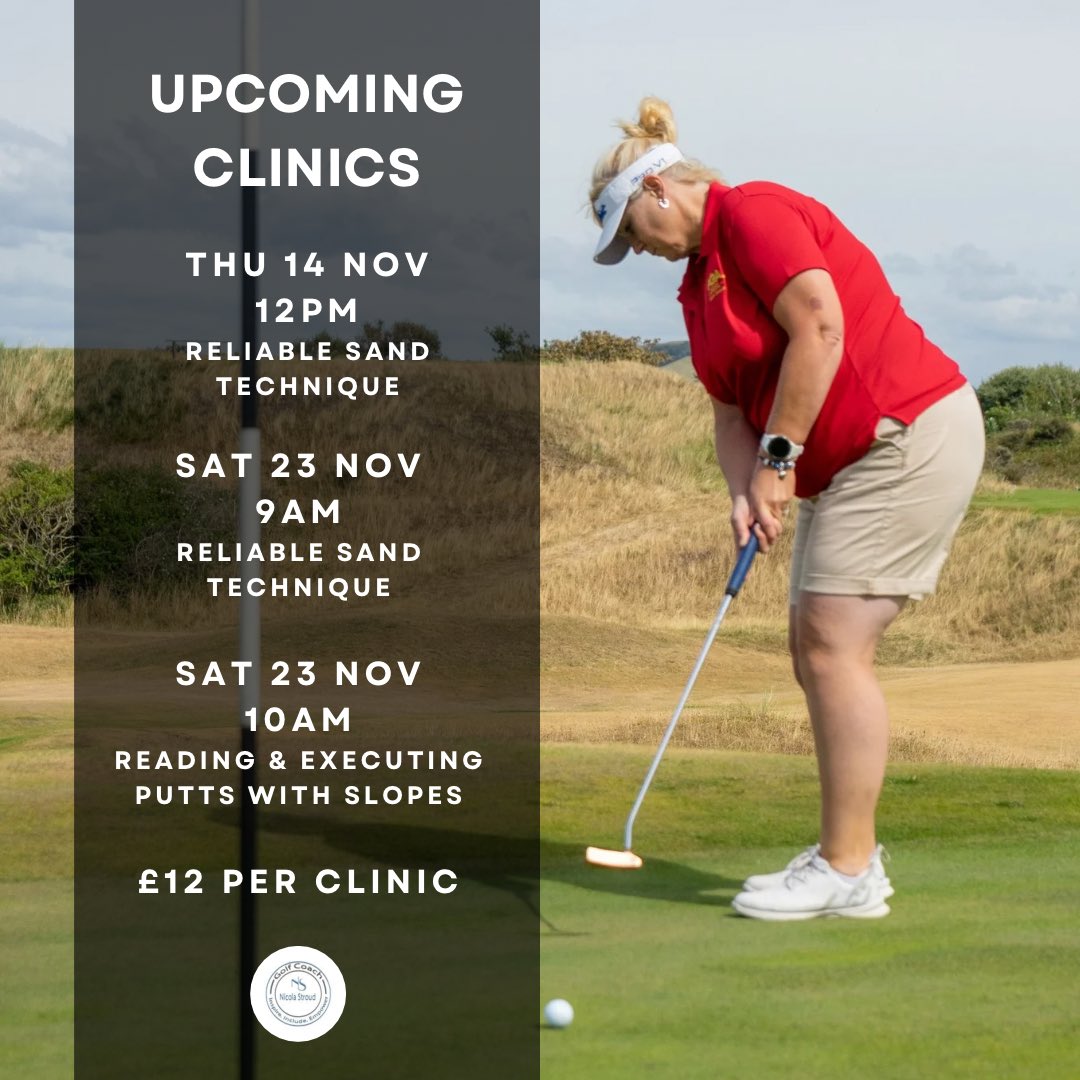 NicStroudGolf's tweet photo. 🌟 Upcoming clinics for @BurnhamBerrow channel &amp; championship course members with mid-high handicaps 🌟

Sessions are 45 mins long &amp; spaces are limited in number so book ASAP ⬇️
📧 nicola@nicolastroudgolf.com
📱 07508360151

#GolfLessons #Somerset #BurnhamOnSea #WestonSuperMare https://t.co/xK1aKIq9ly