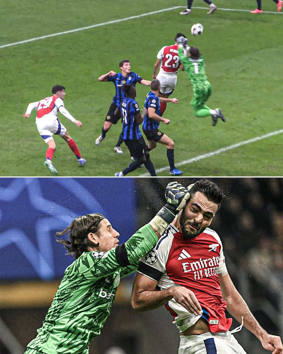 Inter goalkeeper Yann Sommer completely missed the ball and instead made contact with Mikel Merino’s head while attempting to clear an Arsenal cross.

VAR did not intervene after the referee let it go 😮