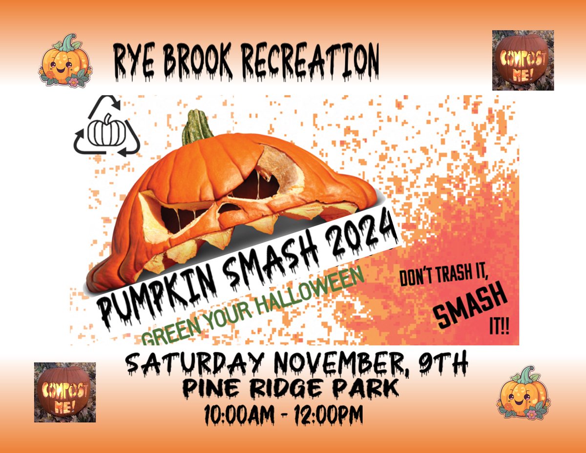 ryebrookrec's tweet photo. Got a pumpkin you don’t know what to do with? Come smash it with us!
Join us for our Pumpkin Smash Event where we’ll give those leftover Halloween pumpkins a fun and eco-friendly send-off. 
Saturday, November 9th at Pine Ridge Park, 10:00 am - Noon! https://t.co/Bet7JlBpFV