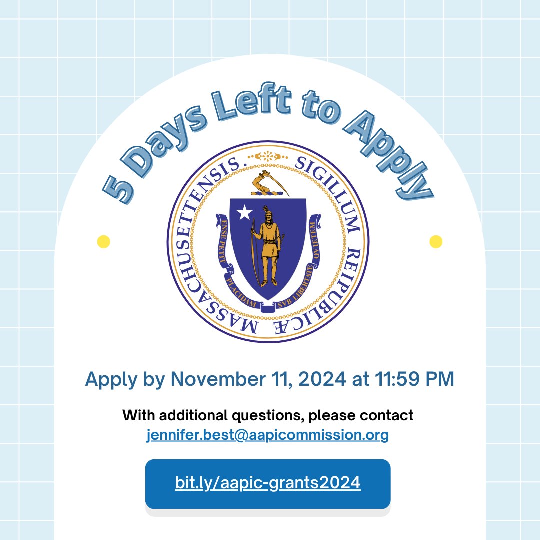 ⏳5 days left until AAPIC’s Small Grants Program closes! This year, the AAPIC Small Grants Program is offering grants from $5,000 for Massachusetts organizations serving AAPI refugees. Apply at bit.ly/aapic-grants20… by November 11, 2024 at 11:59 PM.