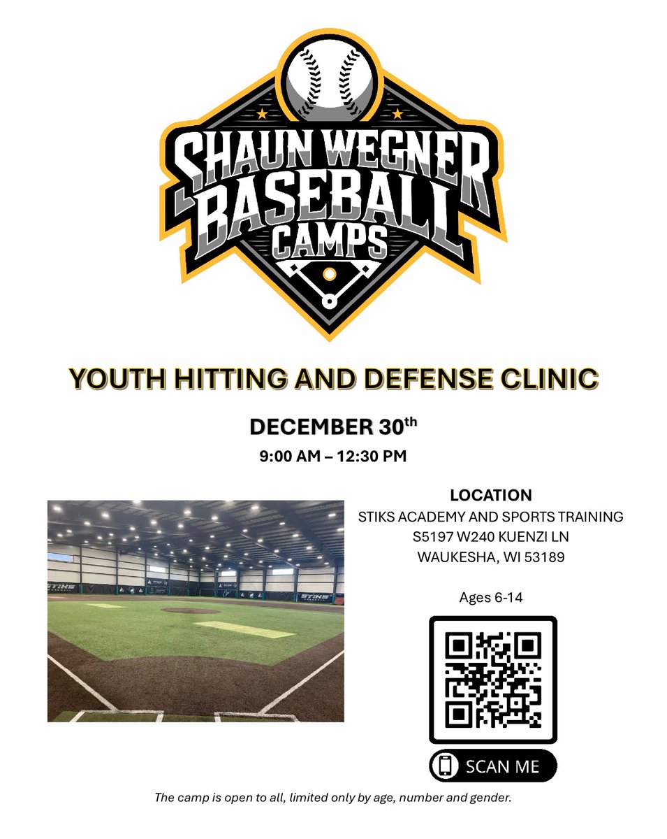 ShaunWegnerLLC's tweet image. 🚨Attention Wisconsin Youth Baseball Community 🚨

We are offering our first ever youth skills camp on Monday December 30, 2025, at STIKS Academy in Waukesha. Get the chance to work with players/staff while growing your skills for the game before Spring is upon us. Scan below 👇