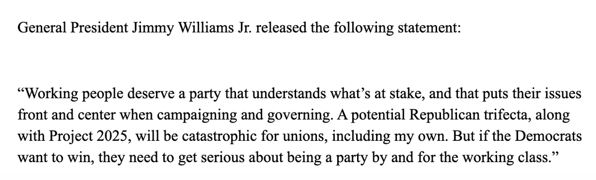 A frank assessment you don't often hear publicly from Dems' union allies.

Painters union <a href="/GoIUPAT/">IUPAT</a>: "the Democratic Party failed to offer a compelling working class agenda and the election results show as much."

IUPAT is the most progressive union in the building trades