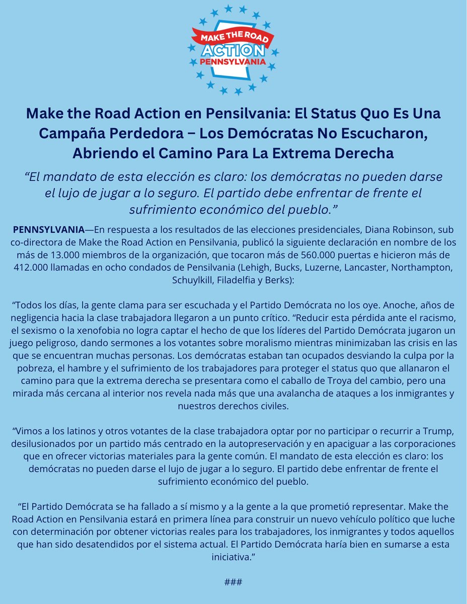 Make the Road Action PA Co-Deputy Director Diana Robinson released the following statement following yesterday’s election: