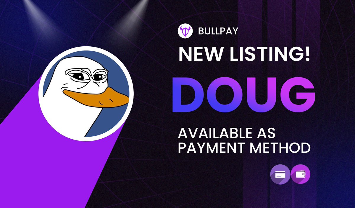 Bullpaydotfun's tweet image. 🚨 𝗕𝘂𝗹𝗹𝗣𝗮𝘆 𝗡𝗲𝘄 𝗟𝗶𝘀𝘁𝗶𝗻𝗴 𝗔𝗹𝗲𝗿𝘁! 📈 
 
$DOUG is now listed as a payment method on BullPay.
 
You can use $DOUG to pay for services, exclusive content, and digital products through BullPay.