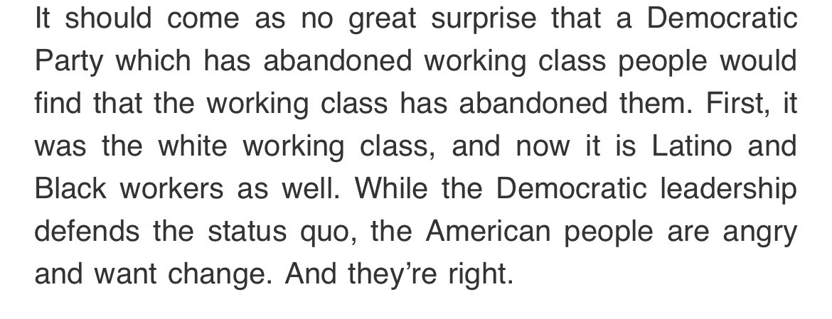 maxpcohen's tweet photo. Bernie Sanders, the leader of the progressive moment in U.S., out with a scathing statement. 

“It should come as no great surprise that a Democratic Party which has abandoned working class people would find that the working class has abandoned them.” https://t.co/H8wDLa6qq4