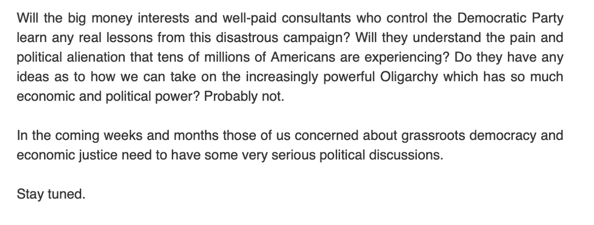 GregJKrieg's tweet photo. Bernie Sanders in new statement asks: "Will the big money interests and well-paid consultants who control the Democratic Party learn any real lessons from this disastrous campaign?" https://t.co/CGZCcfRy8A