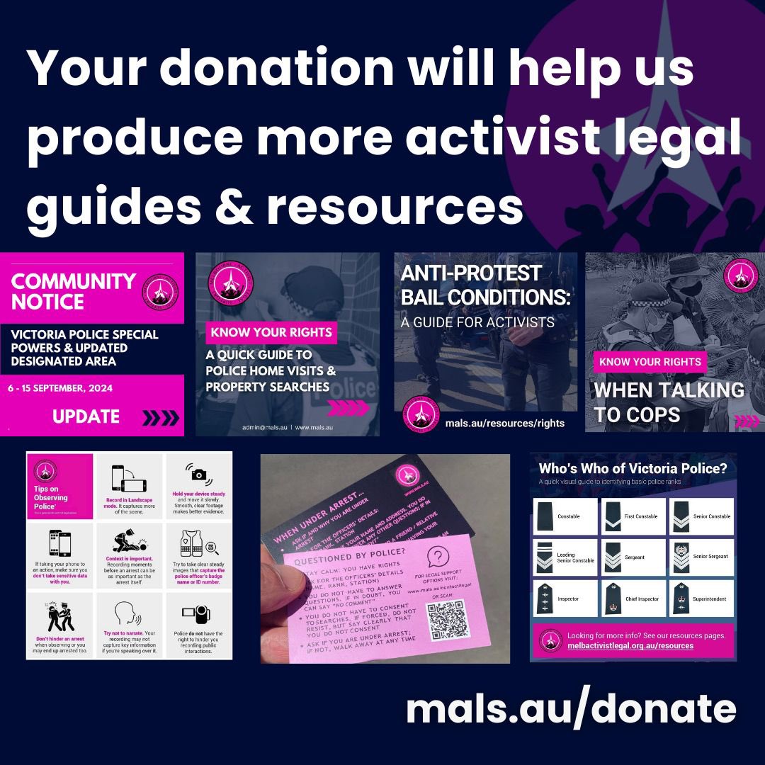 ActivistLegal's tweet image. The huge range of activist legal information we produce is tailored for people standing on the frontline of Australia’s diverse &amp;amp; powerful social movements for justice, peace &amp;amp; a sustainable future. Support our work at mals.au/donate/  #FundtheFrontline