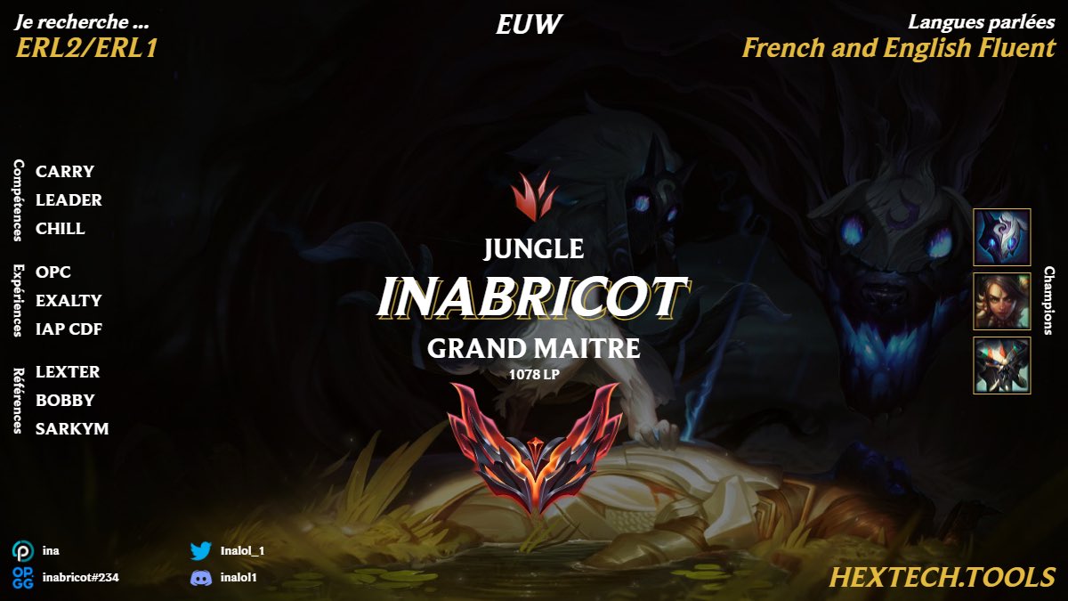Ina ࿔ (@inalol_1) on Twitter photo Re 😈
After a short 2 months break right after the end of the second split, i’m back and i’m more than ready
I’m looking for ERL1-2 mainly
I peaked 1100 recently while 1/2 time.
Dm me on discord: inalol1
Ref: <a href="/Lexterfr/">OPC Lexter</a> <a href="/Sarkymm1/">Sarkymm</a> <a href="/Boby_Maltezer/">Nicolas Paquot</a>
don’t miss ur shot
See you. Re 😈
After a short 2 months break right after the end of the second split, i’m back and i’m more than ready
I’m looking for ERL1-2 mainly
I peaked 1100 recently while 1/2 time.
Dm me on discord: inalol1
Ref: <a href="/Lexterfr/">OPC Lexter</a> <a href="/Sarkymm1/">Sarkymm</a> <a href="/Boby_Maltezer/">Nicolas Paquot</a>
don’t miss ur shot
See you.