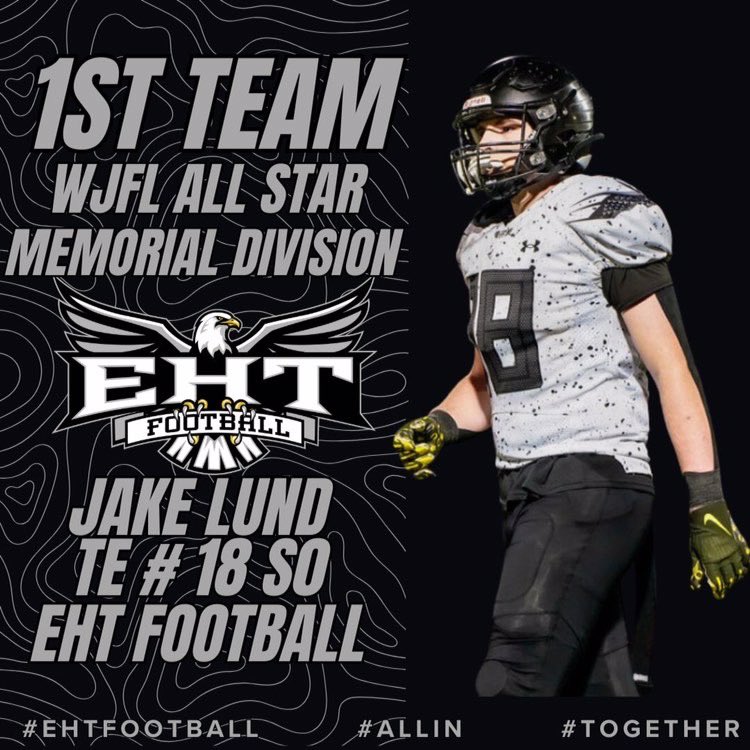 Congratulations to the 2024 WJFL
Memorial Division All Stars for EHT Football!
1st Team Honorees
Sr. OL # 74 <a href="/MattKaelble74/">Matt_Kaelble</a> 6'5" 292
So. QB # 16 <a href="/X1CtheQb/">Xavier Cocci 27’</a> 6'1" 212
So. TE # 18 <a href="/JakeLund18/">Jake Lund 2027</a> 6'4" 231
So. LB # 2 @BigMax_901 6'2" 245

<a href="/CoachMove/">Move $canlón</a>