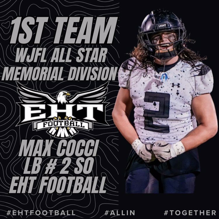 EHTFB_Eagles's tweet photo. Congratulations to the 2024 WJFL
Memorial Division All Stars for EHT Football!
1st Team Honorees
Sr. OL # 74 @MattKaelble74 6'5" 292
So. QB # 16 @X1CtheQb 6'1" 212
So. TE # 18 @JakeLund18 6'4" 231
So. LB # 2 @BigMax_901 6'2" 245

@CoachMove https://t.co/za2nirtomR
