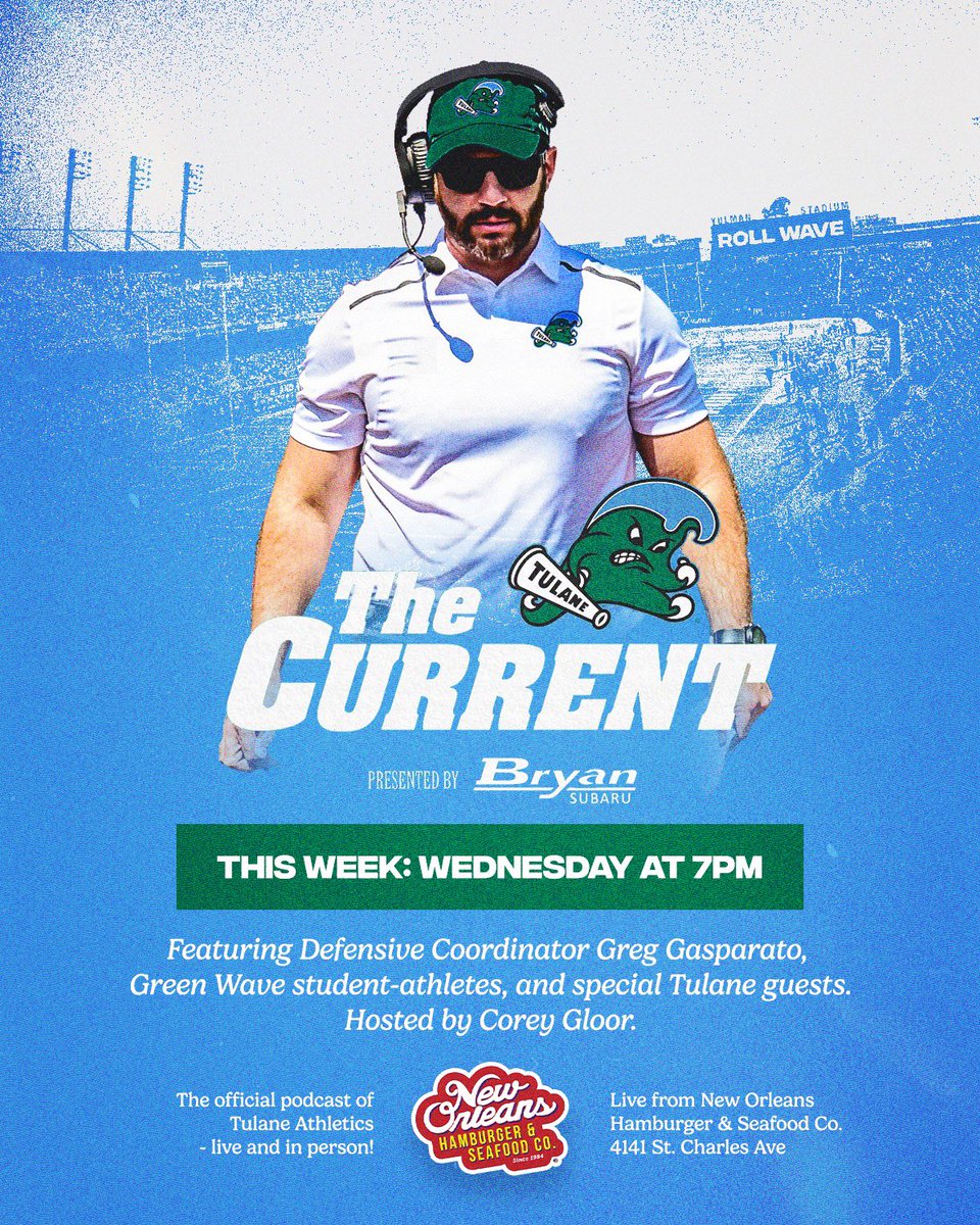This week we have a special guest at the live recording of the Current! 

Defensive Coordinator <a href="/CoachGasparato/">Coach Greg Gasparato</a> will be on the mic tonight along with Tyler Grubbs and Arnold Barnes. 🎙️

We will see y’all tonight at New Orleans Hamburger &amp; Seafood on st. Charles! 🌊