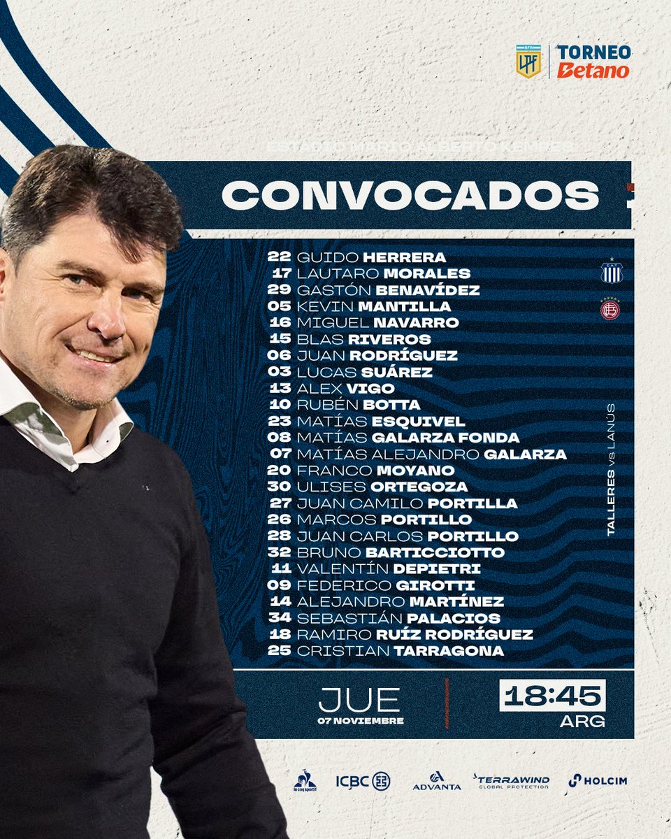 CATalleresdecba's tweet photo. 📋 | #Convocados por 𝗔𝗹𝗲𝘅𝗮𝗻𝗱𝗲𝗿 𝗠𝗲𝗱𝗶𝗻𝗮 para jugar el partido de la #Fecha21 ante @clublanus por el Torneo Betano 2024.

🔜 Mañana
⌚️ 18:45 horas
🏟️ Estadio Mario Alberto Kempes

🔵⚪️ #VamosTalleres #TorneoBetano2024🏆 https://t.co/MrcoKpZFGP
