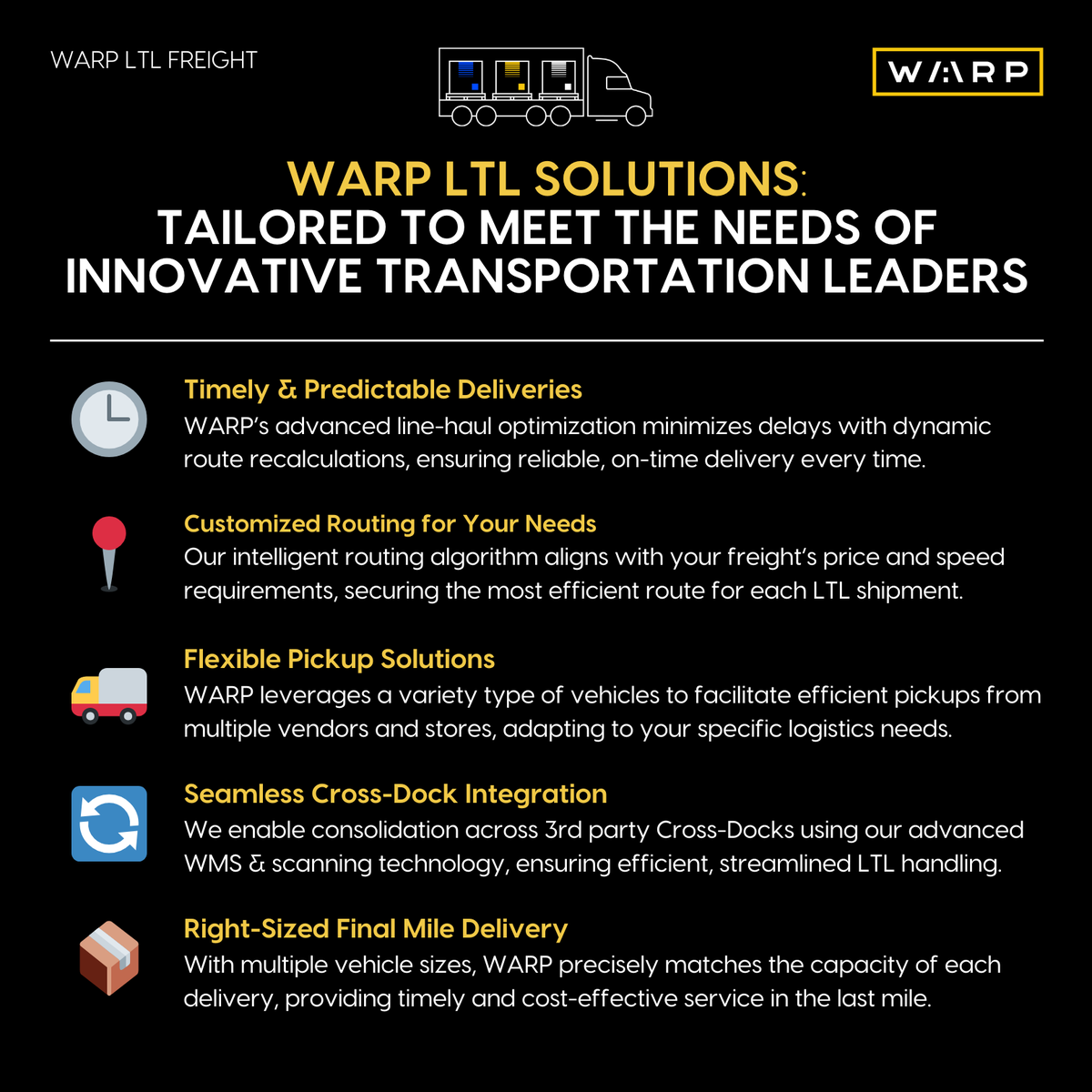 warptechco's tweet photo. WARP LTL Solutions - Tailored to Meet the Needs of Innovative Transportation Leaders
Ready to elevate your LTL experience?
Book a Strategy Call: https://t.co/v43qxmA1P7
#technology #middlemile #logistics #supplychain #crossdock #freighttech #logisticstech #LTL https://t.co/ueQb5dhY7g